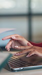 Hands, laptop and meeting at office with team, insight or documents for review at insurance company. Business people, broker or group with computer, planning and proposal at risk management agency