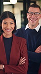 Face, smile and business people in office with arms crossed, collaboration and pride for finance job. Confident, happy team or financial advisor group in workplace with experience, unity or about us.