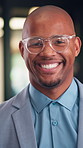 Face, corporate and black man with smile in office for career pride, about us and real estate agent. Portrait, happy and realtor with ambition, property development and employee laughing in workplace