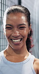 Happy, fitness and face of woman with pride for exercise, practice or health in gym for training. Smile, athlete and portrait of female person with confidence for cardio workout, active or wellness.