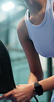 Padel, court and woman with racket for fitness, skill development and training for sport competition. Tennis player, wellness and practice for game with equipment, performance and active for match