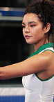 Padel, coach and woman with racket on court with instruction for practice, fitness and lesson. Sports, trainer and person with equipment, advice and tips for swing, serve and training for tennis game
