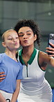 Tennis, coach and child on court with selfie, social media post or learning skill for sport practice. Teacher, woman and girl smile at padel club with fitness, pout or photography for memory together
