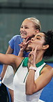 Padel, coach and child with selfie, peace sign and social media post for sports practice memories. Teacher, woman and girl smile at tennis club with fitness, v gesture or picture for training lesson.