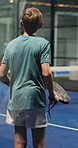 Court, padel tennis and back with fitness, boy and training for competition and wellness. Tournament, performance or athlete with practice, teenager or game challenge with exercise or health workout