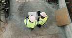 Construction, talking and men with blueprint and tablet for planning, building project and renovation. Civil engineering, teamwork and above of people on tech for floorplan, design and infrastructure