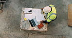 Construction, documents and above of man for planning, building design and inspection. Civil engineering, supervisor and person with paperwork and laptop for floorplan, blueprint and infrastructure