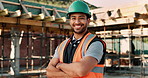 Laugh, crossed arms and face of man on construction site for infrastructure, building or renovation. City, civil engineer and portrait of person with pride for urban development or remodeling project