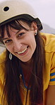 Roller skating, happy and face of woman in city for fitness, exercise or balance on holiday. Smile, helmet and portrait of female person in town with hobby, activity or workout on vacation or trip.