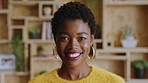 Face, smile and creative black woman in office, about us and fashion magazine editor with pride. Portrait, happy professional and employee with business opportunity, career growth or style writer