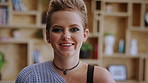 Face, smile and creative woman in workplace, about us and fashion magazine editor with business pride. Portrait, happy professional and employee with job opportunity, laugh and style writer in USA