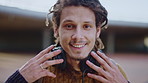 Education, face and smile of man on campus with headphones for college, school or university study. Development, learning and music with Rastafarian student outdoor for opportunity or scholarship
