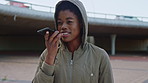 Education, phone memo and smile of black woman on campus for college, school or university study. Development, learning and voice note with happy student outdoor for opportunity or scholarship