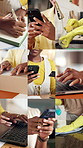 Woman, hands and home with tasks in collage for small business startup or remote work. Female person, freelancer or busy agenda with technology, box or cleaning in series for independence in house