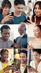 Texting, montage and happy people with phone, online communication and post reaction on social media app. Digital, smile and diverse group with tech, message update or chatting on virtual platform.