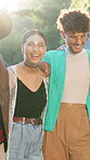 Face, happy and people or friends at festival with hug, celebration and party in artistic fashion. Excited, laughing and group with bonding, together and happiness for live concert or event outdoor