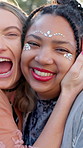 Face, hug and friends at music festival, outdoor and laughing at social gathering for bonding. Excited, embrace and funny women at party with gems, concert and portrait at reunion together for rave