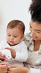 Mother, baby or child with toy for development, learning and growth in family home. Toddler, infant kid and woman or single parent with love, care and security for mobility and playing in bedroom