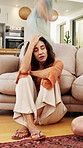 Frustrated, mom or stress with kids running in home for chaos, adhd or burnout in timelapse. Upset, exhausted or mother with depression or motion blur for hyperactive children or overwhelmed in house