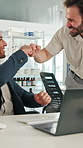 Fist bump, excited and business men in office with good news, collaboration or investment approval. Laptop, celebration and financial advisors with promotion for finance success or achievement