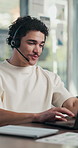 Headset, call center and businessman in office with laptop for online consultation, crm or contact us. Mic, tech and male technical support consultant on computer for customer service in workplace.