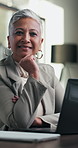Confidence, face and woman in office with laptop, pride or ambition as investment advisor. Mature person, portrait or financial consultant with about us, digital tech or experience in risk management