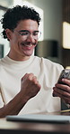 Happy man, phone and celebration at office with fist pump, texting and announcement at startup. Person, excited and smile with mobile app, goal and success with project approval at digital agency