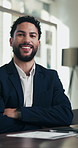 Arms crossed, face and man in office with laptop, pride or ambition as investment advisor. Business person, portrait or financial consultant with about us, tech or confidence in risk management