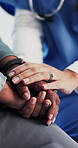 Holding hands, nurse and comfort for senior patient with touch, connection or bad news at clinic. Elderly person, caregiver and medical professional in consultation, counseling or support at hospital
