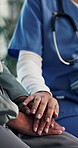 Holding hands, nurse and support for senior patient with touch, discussion or bad news at clinic. Elderly person, caregiver and medical professional in consultation, counseling or comfort at hospital