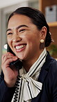 Laughing, receptionist and woman in hotel, phone call and discussion with guest and customer service. Happy, concierge and person with telephone for communication, hospitality and talking in motel