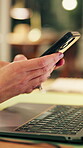 Phone, night or hands in office with texting, agenda change or online conversation for project. Typing, businessperson or employee with tech, schedule review or report update in evening shift.