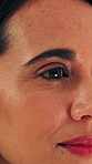 Makeup, woman and eyes with mascara for beauty, eyelash extension and microblading for wellness. Lipstick, natural cosmetics and person with eyebrow treatment for glamour aesthetic, smile or surprise