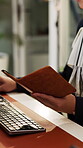 Concierge, passport and help with hands at front desk for hospitality, booking or reservation info. Hotel reception, guest welcome and accommodation with person for register, receptionist or lobby