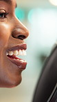 Podcast, host and woman with mic in studio, live stream and recording audio show or content creation. Happy, presenter and black person with tech for news broadcast, talk and creative storytelling