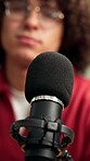 Podcast, person or microphone with content creation, sound setup or voice equipment for live stream. Digital, man or influencer with recording technology, audio system or vocal gear for broadcast.