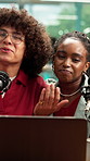 Face, people and podcast in recording studio with laptop, pop culture news or discussion for broadcast. Happy, media team and gen z presenter in talk show POV with computer, collaboration or opinion.