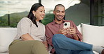 Happy, couple and relax with phone on sofa for social media, research or network in home. Man, woman or bonding with mobile smartphone on couch for online website, app or connection together in house