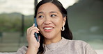 Happy, discussion or asian woman with phone call for conversation or communication in home. Female person, user or talking with mobile smartphone for connection, outdoor chat or friendly banter