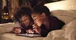 Siblings, night and children in bedroom on tablet for online entertainment, educational games and internet. Family home, happy and kids on digital tech for connection, relax and story app at bedtime