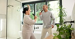 Dance, bathroom and couple with brush for singing , playful relationship and bonding in morning. Marriage, home and man with woman with karaoke for cleaning, daily routine and wellness for love
