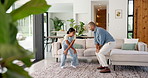 Happy, dancing and dad with child in home for learning, bonding and playful relationship on weekend. Family, love and father with girl with music, energy and together for connection, moment and fun