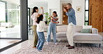 Music, dancing and parents with kids in home for bonding with song, energy and playful on weekend. Family, excited and children in house with mom, dad and movement for moment, relationship and love