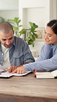 Smile, couple and reading documents at house for finance report, bank statement and expenses. Happy, people and paperwork for budget review, calculating bills and financial audit for asset management