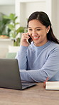 Laptop, typing or Asian woman with phone call for remote work, project feedback or manual editing tips. Tech, freelance or technical writer with review discussion for how to guide, smile or home