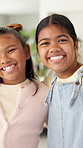Siblings, face and girls hug in home with love, care and kids with support on sofa in living room. Happy, portrait and children bonding in embrace together with laugh in lounge of apartment or house