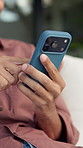 Phone, relax and hands of man outdoor in backyard with texting, networking or social media on mobile app. Scroll, technology and person with cellphone for chatting, message or notification online.