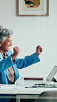 Business, computer and mature woman with celebration for news, success or investment goal. Happy, excited and professional broker with fist pump for good results, approval or achievement in office