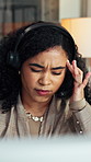Call center, woman and headache with stress for tech support error, burnout and work pressure. Headset, consultant and person with migraine, software mistake and customer complaint by computer