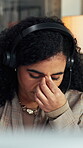 Headache, tired and woman in call center with customer service, help or communication fatigue. Stress, burnout and agent or consultant with headset and migraine for late night, shift or mistake